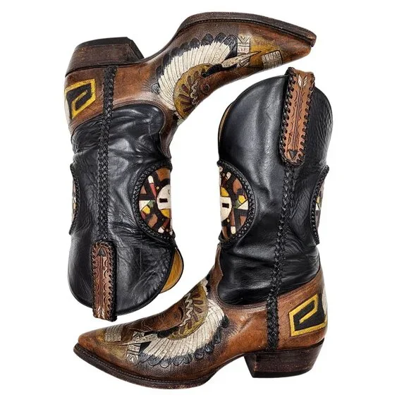 Custom 9D Hand Tooled/ Painted Native American Chief boots Vintage 1995 Western - Picture 9 of 16